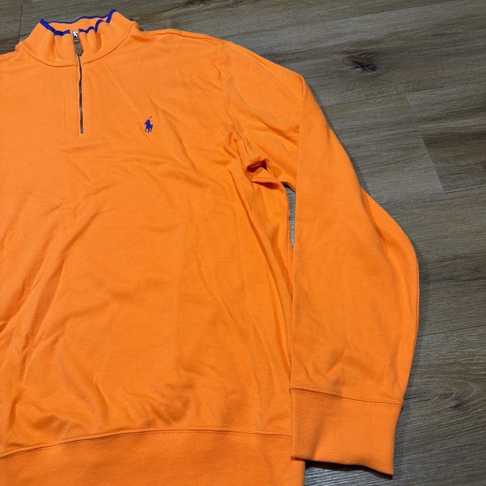 Polo Golf Ralph Lauren Men's LARGE‎ 1/4 Quarter Zip Sweater Orange Blue Cotton